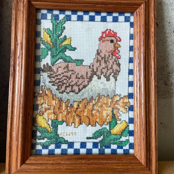 Framed Chicken and Hens Cross-stitch Art work - Picture 2 of 4